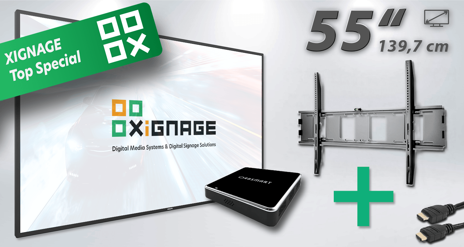 STARTER-Paket: Philips Q-Line 139,7 cm (55") - 5-teilig mit Digital Signage-Player Box (Android) - XIGNAGE.SHOP - Smart Digital Media Systems & Digital Signage Solutions